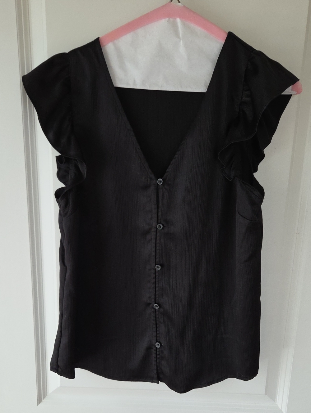 Black Ruffle Sleeve Button-Front Women's Top